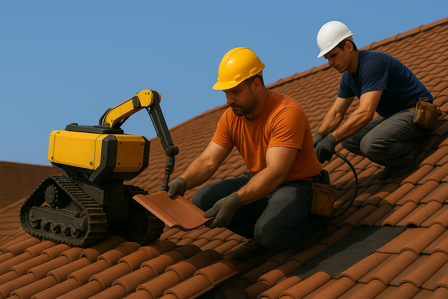 Professional roof construction work with robotic equipment