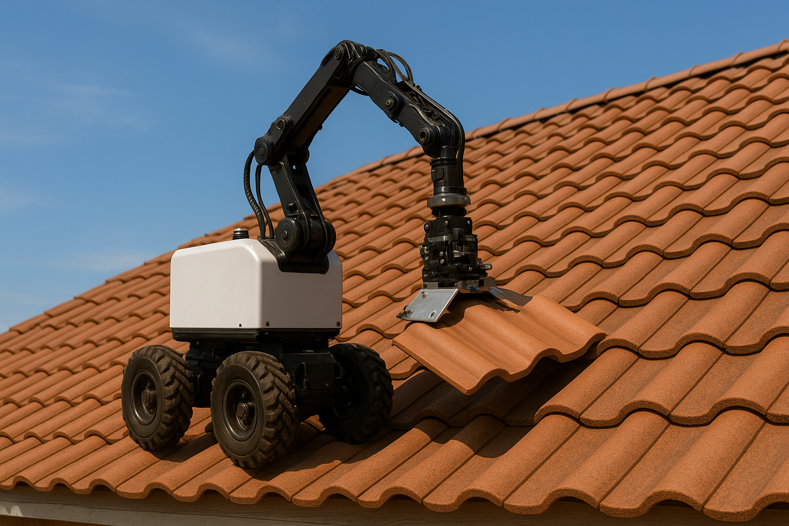 Professional roof construction work with robotic equipment